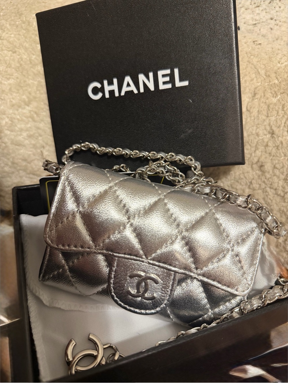 Fashion Silver Quilted Mini Flap Wallet on Chain